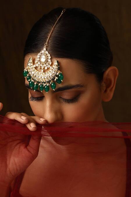 Swabhimann_Green Polki Embellished Maangtikka _Online_at_Aza_Fashions