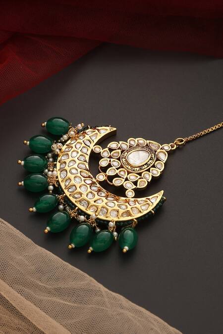 Shop_Swabhimann_Green Polki Embellished Maangtikka _Online_at_Aza_Fashions