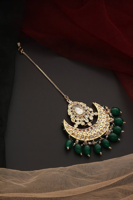 Shop_Swabhimann_Green Polki Embellished Maangtikka _at_Aza_Fashions