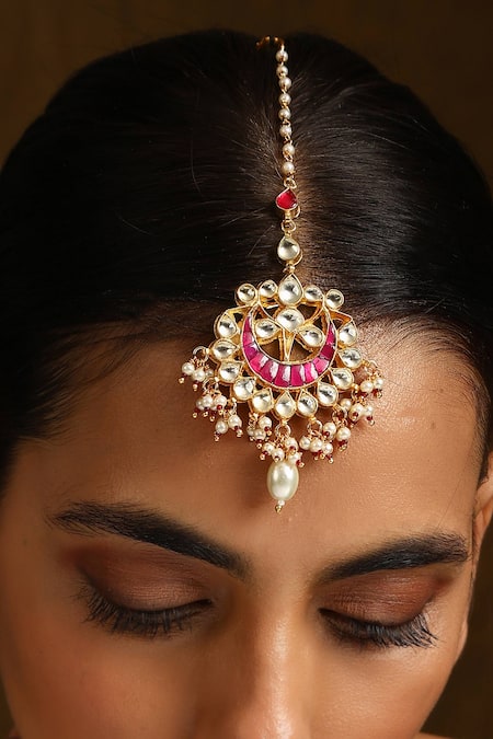 Swabhimann_Pink Kundan Embellished Maangtikka _Online_at_Aza_Fashions
