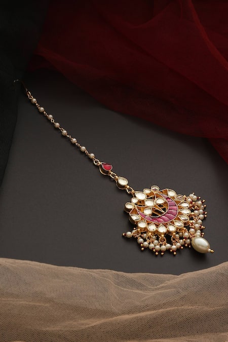 Shop_Swabhimann_Pink Kundan Embellished Maangtikka _at_Aza_Fashions