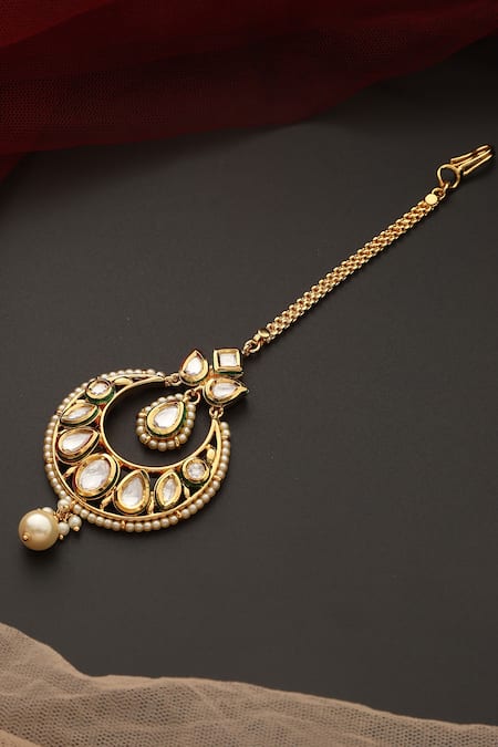 Shop_Swabhimann_Gold Plated Crescent Moon Maangtikka _at_Aza_Fashions