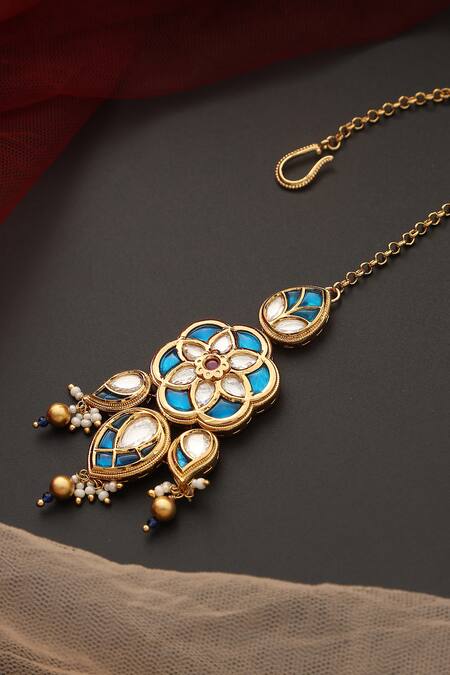 Swabhimann_Blue Floral Kundan Embellished Maangtikka _Online_at_Aza_Fashions