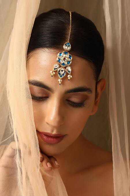 Buy_Swabhimann_Blue Floral Kundan Embellished Maangtikka _Online_at_Aza_Fashions