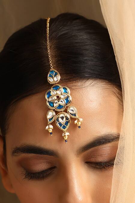 Shop_Swabhimann_Blue Floral Kundan Embellished Maangtikka _Online_at_Aza_Fashions