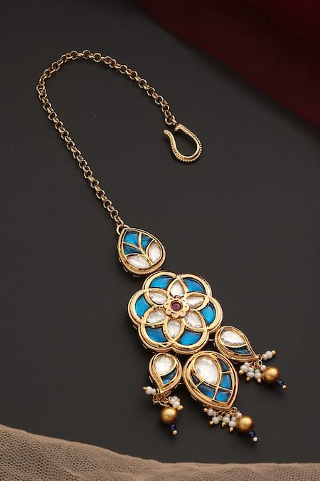 Shop_Swabhimann_Blue Floral Kundan Embellished Maangtikka _at_Aza_Fashions