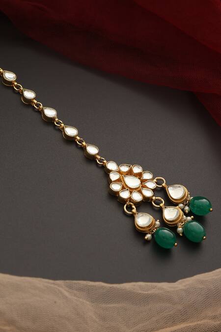 Shop_Swabhimann_Green Floral Cutwork Kundan Embellished Maangtikka _Online_at_Aza_Fashions