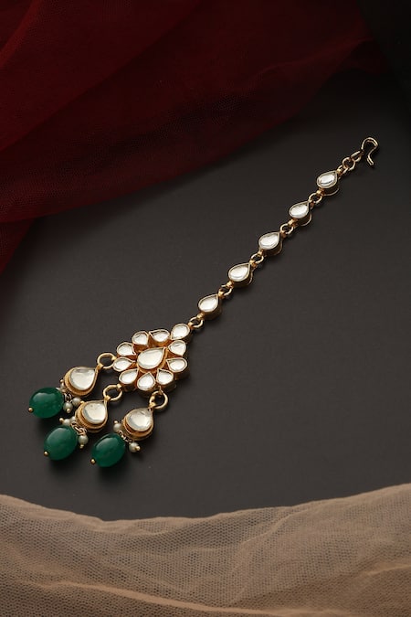 Shop_Swabhimann_Green Floral Cutwork Kundan Embellished Maangtikka _at_Aza_Fashions