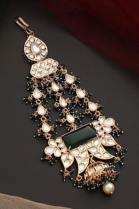 Shop_Swabhimann_Green Floral Cutwork Polki Embellished Passa _at_Aza_Fashions