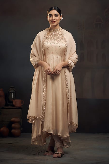 Hirika & Dhruti Beige Organza, Chiffon, Lycra Sequins, Embroidery High Scattered Anarkali Set Online at Aza Fashions Hirika & Dhruti_Beige Organza, Chiffon, Lycra Sequins, Embroidery High Scattered Anarkali Set _Online_at_Aza_Fashions