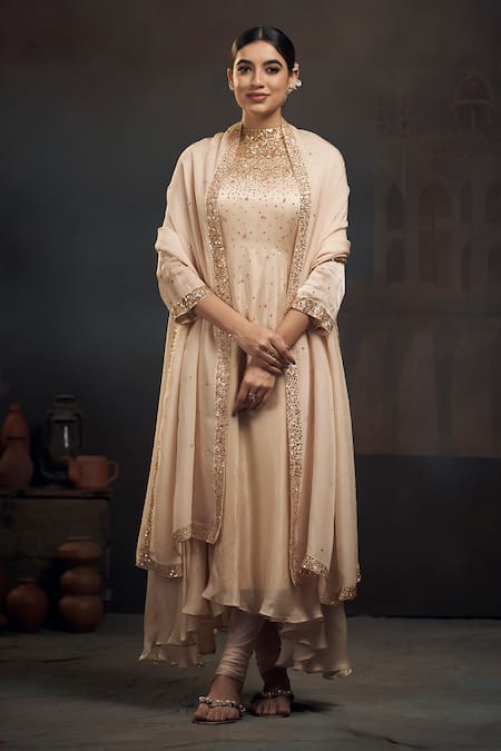 Buy Hirika & Dhruti Beige Organza, Chiffon, Lycra Sequins, Embroidery High Scattered Anarkali Set Online at Aza Fashions Buy_Hirika & Dhruti_Beige Organza, Chiffon, Lycra Sequins, Embroidery High Scattered Anarkali Set _Online_at_Aza_Fashions