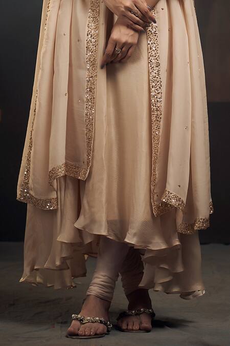 Shop Hirika & Dhruti Beige Organza, Chiffon, Lycra Sequins, Embroidery High Scattered Anarkali Set Online at Aza Fashions Shop_Hirika & Dhruti_Beige Organza, Chiffon, Lycra Sequins, Embroidery High Scattered Anarkali Set _Online_at_Aza_Fashions