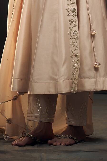 Buy_Hirika & Dhruti_Beige Silk, Organza, Cotton Gota Patti V-neck Flower Work Angarkha Pant Set _Online_at_Aza_Fashions