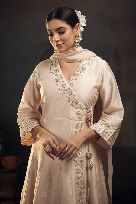 Shop_Hirika & Dhruti_Beige Silk, Organza, Cotton Gota Patti V-neck Flower Work Angarkha Pant Set _Online_at_Aza_Fashions