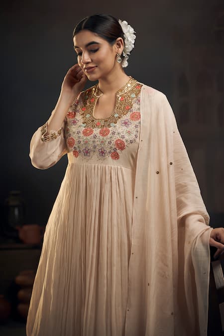 Hirika & Dhruti Beige Chanderi Sequins, Embroidery Bandeau Neck Anarkali Pant Set Online at Aza Fashions Hirika & Dhruti_Beige Chanderi Sequins, Embroidery Bandeau Neck Anarkali Pant Set _Online_at_Aza_Fashions