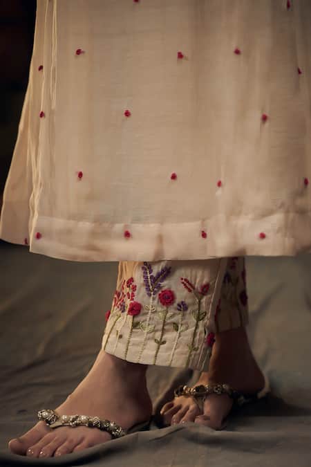 Hirika & Dhruti_Beige Chanderi Embroidery Keyhole Neck Kurta And Garden Pant Set _Online_at_Aza_Fashions