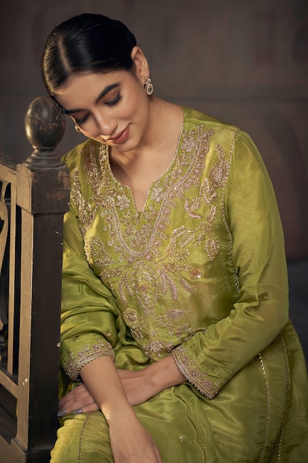 Hirika & Dhruti Green Tissue Embroidery, Zari Collared Zardozi Kurta Set Online at Aza Fashions Hirika & Dhruti_Green Tissue Embroidery, Zari Collared Zardozi Kurta Set _Online_at_Aza_Fashions
