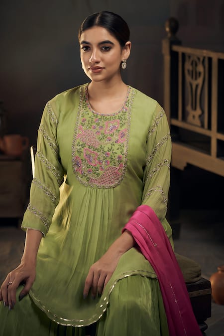 Hirika & Dhruti Green Sequins, Embroidery Round Neck Floral Peplum Kurta Sharara Set Online at Aza Fashions Hirika & Dhruti_Green Sequins, Embroidery Round Neck Floral Peplum Kurta Sharara Set _Online_at_Aza_Fashions