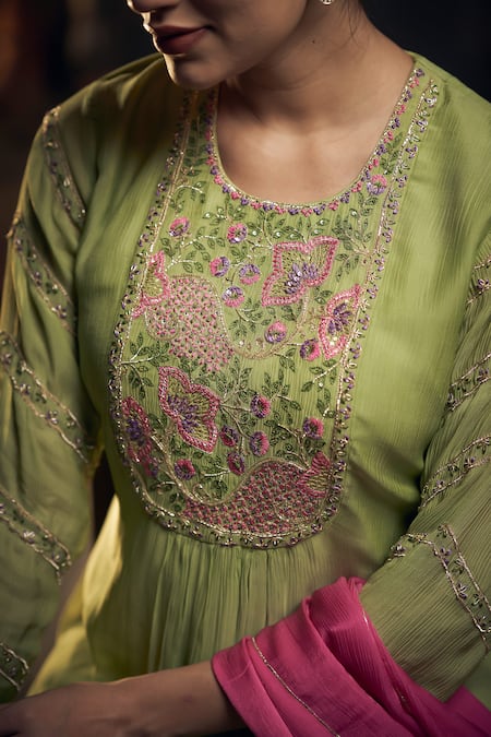 Shop Hirika & Dhruti Green Sequins, Embroidery Round Neck Floral Peplum Kurta Sharara Set Online at Aza Fashions Shop_Hirika & Dhruti_Green Sequins, Embroidery Round Neck Floral Peplum Kurta Sharara Set _Online_at_Aza_Fashions
