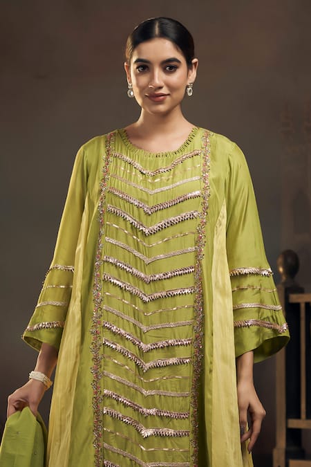 Hirika & Dhruti Green Organza, Cotton, Silk Gota Patti Round Embroidered Kurta Dhoti Pant Set Online at Aza Fashions Hirika & Dhruti_Green Organza, Cotton, Silk Gota Patti Round Embroidered Kurta Dhoti Pant Set _Online_at_Aza_Fashions