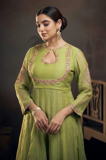Hirika & Dhruti_Green Chanderi, Organza Sequins, Embroidery Floral Kali Kurta Sharara Set _Online_at_Aza_Fashions
