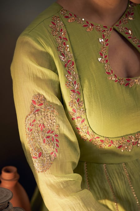 Buy_Hirika & Dhruti_Green Chanderi, Organza Sequins, Embroidery Floral Kali Kurta Sharara Set _Online_at_Aza_Fashions