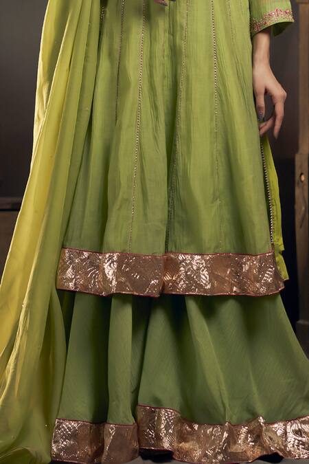 Shop_Hirika & Dhruti_Green Chanderi, Organza Sequins, Embroidery Floral Kali Kurta Sharara Set _Online_at_Aza_Fashions
