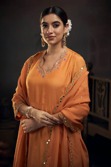 Hirika & Dhruti Yellow Organza, Cotton Satin, Cotton, Silk Mirrors, Neckline Anarkali Pant Set Online at Aza Fashions Hirika & Dhruti_Yellow Organza, Cotton Satin, Cotton, Silk Mirrors, Neckline Anarkali Pant Set _Online_at_Aza_Fashions