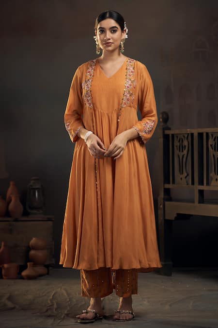 Hirika & Dhruti_Yellow Cotton, Silk Sequins, Embroidery V-neck Jacket Kurta And Pant Set _Online_at_Aza_Fashions