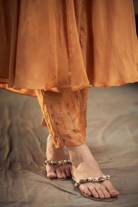 Buy_Hirika & Dhruti_Yellow Cotton, Silk Sequins, Embroidery V-neck Jacket Kurta And Pant Set _Online_at_Aza_Fashions