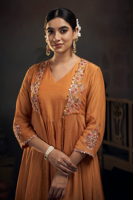 Shop_Hirika & Dhruti_Yellow Cotton, Silk Sequins, Embroidery V-neck Jacket Kurta And Pant Set _Online_at_Aza_Fashions