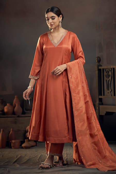 Hirika & Dhruti Orange Silk, Chanderi, Cotton, Tissue Embroidery Pita Neckline Kali Kurta Set 