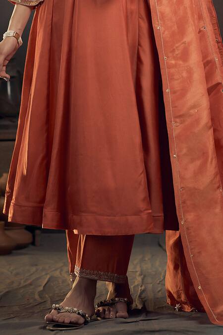 Buy Hirika & Dhruti Orange Silk, Chanderi, Cotton, Tissue Embroidery Pita Neckline Kali Kurta Set Online at Aza Fashions Buy_Hirika & Dhruti_Orange Silk, Chanderi, Cotton, Tissue Embroidery Pita Neckline Kali Kurta Set _Online_at_Aza_Fashions