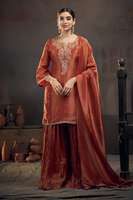 Shop Hirika & Dhruti Orange Tissue Embroidery Split V-neck Pita Rose Kurta Sharara Set at Aza Fashions Shop_Hirika & Dhruti_Orange Tissue Embroidery Split V-neck Pita Rose Kurta Sharara Set _at_Aza_Fashions