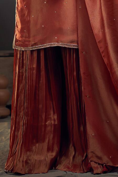 Hirika & Dhruti Orange Tissue Embroidery Split V-neck Pita Rose Kurta Sharara Set Online at Aza Fashions Hirika & Dhruti_Orange Tissue Embroidery Split V-neck Pita Rose Kurta Sharara Set _Online_at_Aza_Fashions