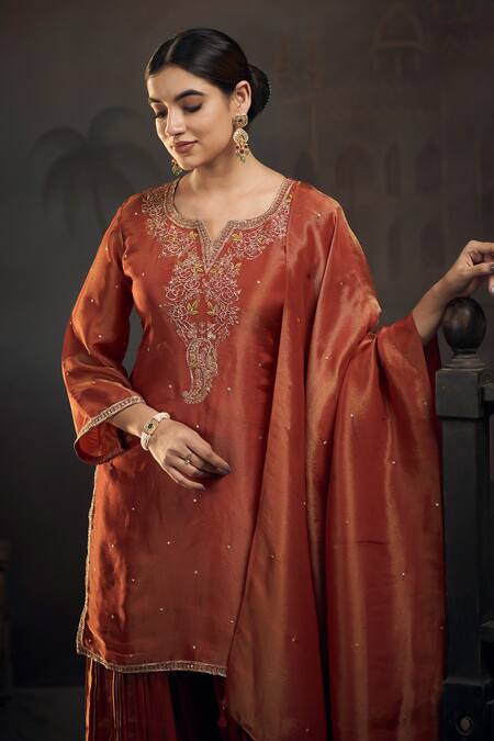 Buy Hirika & Dhruti Orange Tissue Embroidery Split V-neck Pita Rose Kurta Sharara Set Online at Aza Fashions Buy_Hirika & Dhruti_Orange Tissue Embroidery Split V-neck Pita Rose Kurta Sharara Set _Online_at_Aza_Fashions