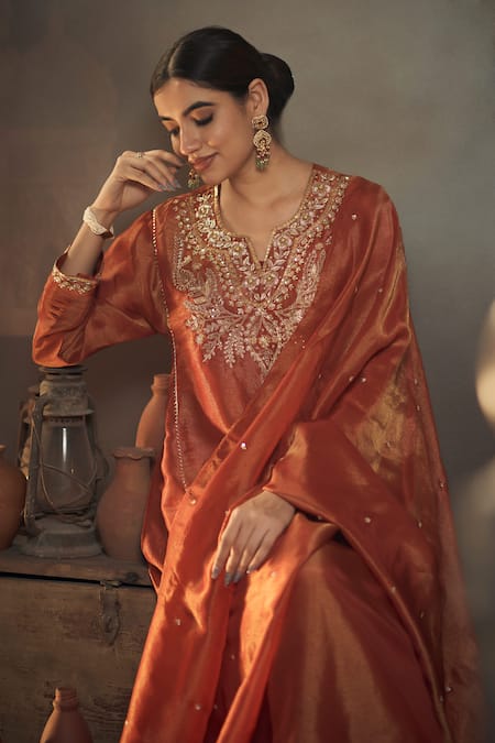 Hirika & Dhruti_Orange Tissue Embroidery, Zari Split V-neck Zardozi Kurta Pant Set _Online_at_Aza_Fashions