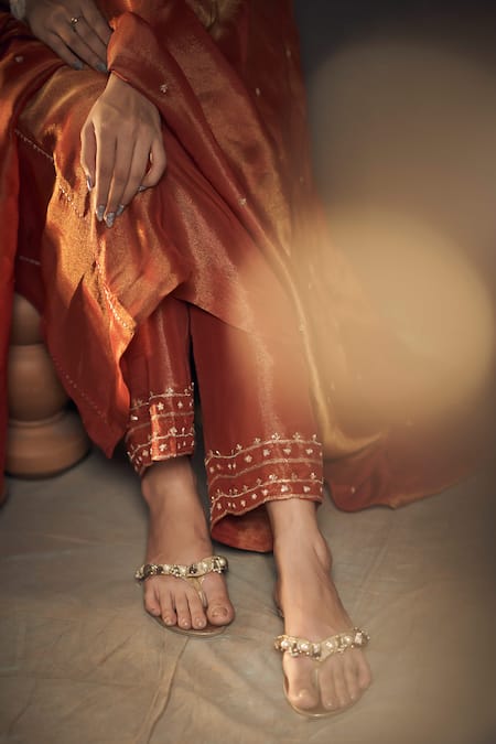 Shop_Hirika & Dhruti_Orange Tissue Embroidery, Zari Split V-neck Zardozi Kurta Pant Set _Online_at_Aza_Fashions