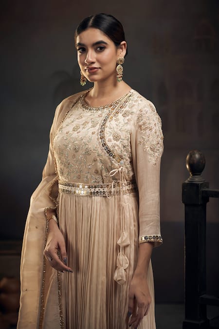 Hirika & Dhruti_Beige Tissue, Chiffon Zari, Sequins Zardozi Embroidered Pleated Anarkali Set _Online_at_Aza_Fashions