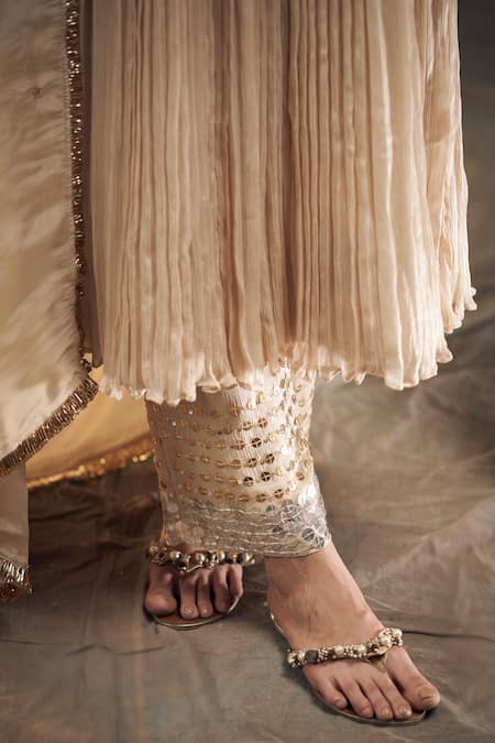 Buy_Hirika & Dhruti_Beige Tissue, Chiffon Zari, Sequins Zardozi Embroidered Pleated Anarkali Set _Online_at_Aza_Fashions