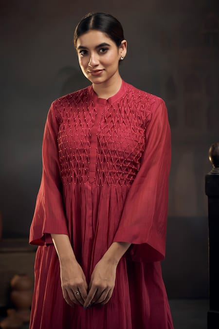 Buy Hirika & Dhruti Pink Chanderi Embroidery Mandarin Collar Smocked Gathered Kurta And Pant Set Online at Aza Fashions Buy_Hirika & Dhruti_Pink Chanderi Embroidery Mandarin Collar Smocked Gathered Kurta And Pant Set _Online_at_Aza_Fashions