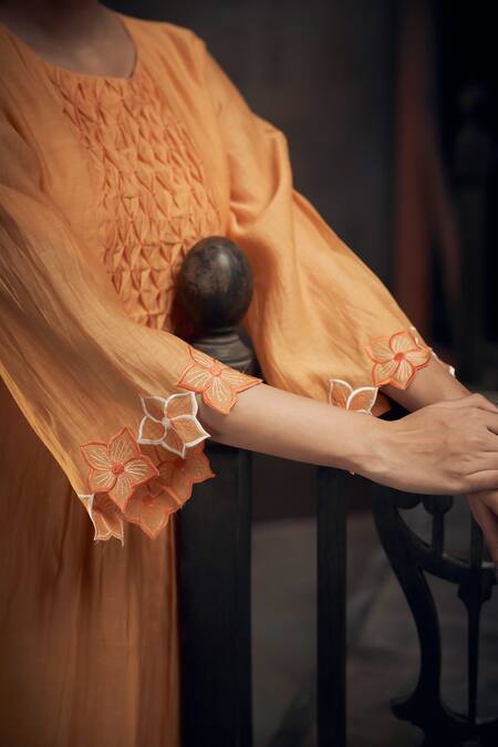 Hirika & Dhruti Yellow Chanderi Embroidery Round Neck Smocked Gathered Kurta With Pant Online at Aza Fashions Hirika & Dhruti_Yellow Chanderi Embroidery Round Neck Smocked Gathered Kurta With Pant _Online_at_Aza_Fashions