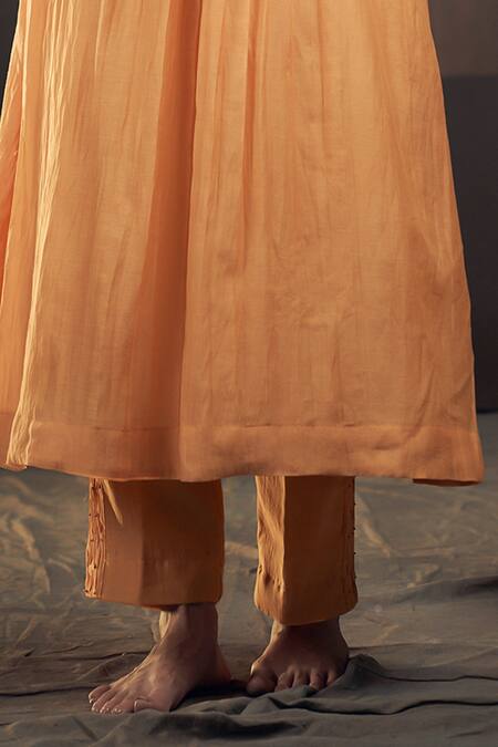 Buy Hirika & Dhruti Yellow Chanderi Embroidery Round Neck Smocked Gathered Kurta With Pant Online at Aza Fashions Buy_Hirika & Dhruti_Yellow Chanderi Embroidery Round Neck Smocked Gathered Kurta With Pant _Online_at_Aza_Fashions