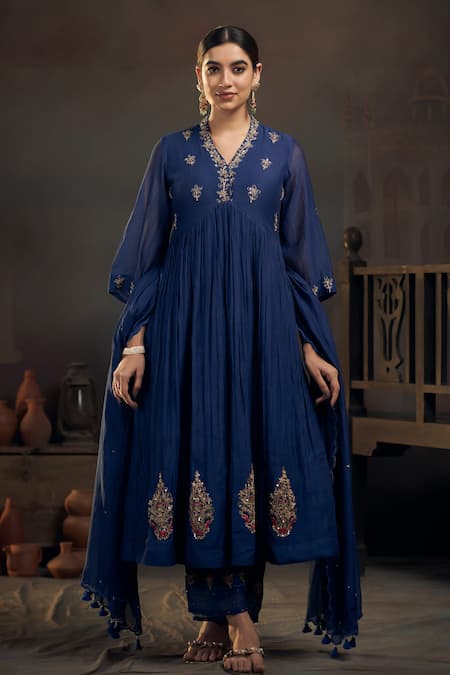 Buy Blue Chanderi Embroidered Floral V Neck Marodi Anarkali Set For ...