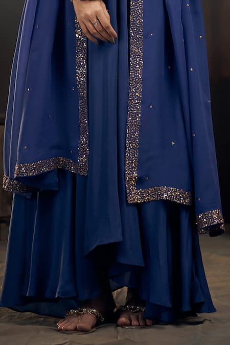 Hirika & Dhruti_Blue Chiffon, Lycra, Organza Sequins, Embroidery High Neck Anarkali Set _Online_at_Aza_Fashions