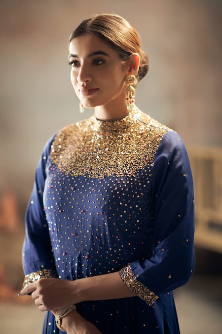 Buy_Hirika & Dhruti_Blue Chiffon, Lycra, Organza Sequins, Embroidery High Neck Anarkali Set _Online_at_Aza_Fashions
