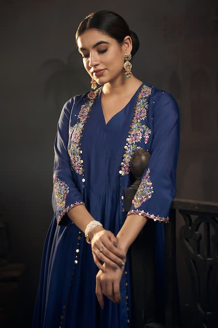 Shop Hirika & Dhruti Blue Cotton, Silk Sequins, Embroidery V-neck Floral Jacket Kurta And Pant Set at Aza Fashions Shop_Hirika & Dhruti_Blue Cotton, Silk Sequins, Embroidery V-neck Floral Jacket Kurta And Pant Set _at_Aza_Fashions