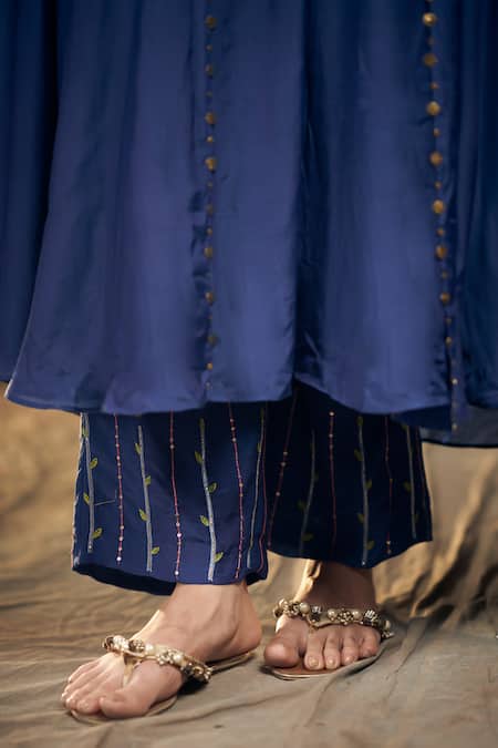 Hirika & Dhruti Blue Cotton, Silk Sequins, Embroidery V-neck Floral Jacket Kurta And Pant Set Online at Aza Fashions Hirika & Dhruti_Blue Cotton, Silk Sequins, Embroidery V-neck Floral Jacket Kurta And Pant Set _Online_at_Aza_Fashions