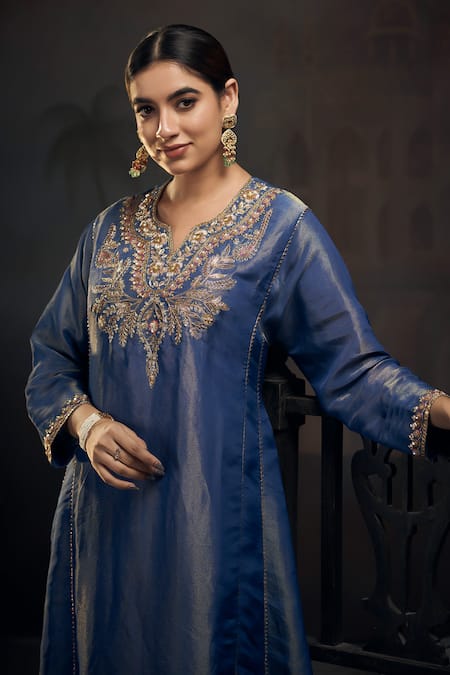 Hirika & Dhruti Blue Tissue Embroidery, Tassels Collared Zardozi Kurta Pant Set Online at Aza Fashions Hirika & Dhruti_Blue Tissue Embroidery, Tassels Collared Zardozi Kurta Pant Set _Online_at_Aza_Fashions