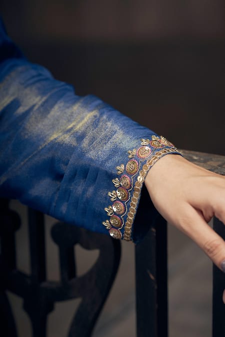 Buy Hirika & Dhruti Blue Tissue Embroidery, Tassels Collared Zardozi Kurta Pant Set Online at Aza Fashions Buy_Hirika & Dhruti_Blue Tissue Embroidery, Tassels Collared Zardozi Kurta Pant Set _Online_at_Aza_Fashions